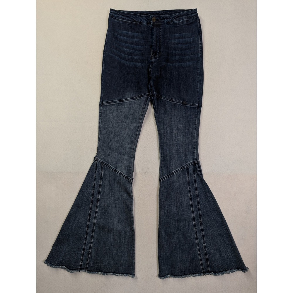 Saints Hearts Womens Flare Jeans Self Sz L High Rise Raw Hem‎ Paneled Blue